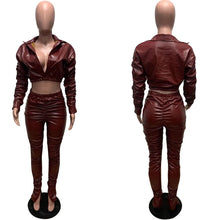 Lade das Bild in den Galerie-Viewer, Sexy PU Faux Leather Two Piece Set for Women Birthday Night Club Outfits Crop Top and Slit Stacked Pants Matching Sets Undefined