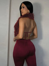 Lade das Bild in den Galerie-Viewer, Nibber Hipster 2-Piece Set Women Plush Tassel Lace-Up Halter v-Neck Backless Vest+High Elasticity Trouser Sexy Midnight Suits