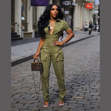 Load image into Gallery viewer, Front Zipper Turn-Down Collar Cargo Jumpsuit
