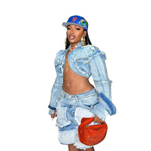 Lade das Bild in den Galerie-Viewer, Shorts Pant Set Women Two Piece Sets Denim Turn Down Collar Matching Sets Tops Knee Length Pants High Waist Y2k Streetwear