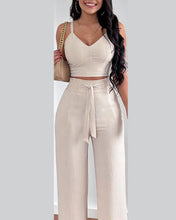 Cargar imagen en el visor de la galería, 2 Piece V-Neck Strap Shirred Slim Crop Top & Lace-up Wide Leg Pants Sets