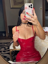 Lade das Bild in den Galerie-Viewer, PU Leather Sexy Ruched Low Neck Sleeveless Dress