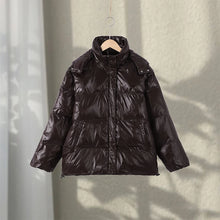 Load image into Gallery viewer, Fashion Shiny Solid Hooded Quilted Jacket Women Stand Collar Long Sleeve Zipper Pocket Street Warm Coat 2026 Winter Lady Outwear