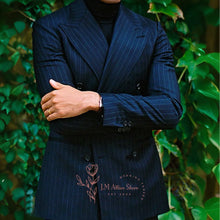 Load image into Gallery viewer, Men Blue Striped Peak Lapel Double Breasted Jacket Pants
