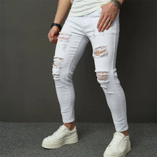 Cargar imagen en el visor de la galería, Pantalones vaqueros ajustados elásticos de estilo sencillo para hombre, pantalones vaqueros ajustados con agujeros, desgastados y lisos
