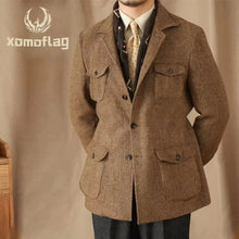 Load image into Gallery viewer, Men's Suits Vintage Herringbone Tweed Blazer British Wool Blend Double Breasted Lightweight Casual Sport Coat Formal Jacket