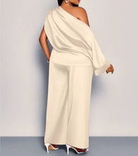 Load image into Gallery viewer, Women Satin Two Piece Set One Shoulder Asymmetrical Single Flared Sleeve Blouse Straight Wide Leg Pants Elegant Matching Set