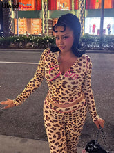 Lade das Bild in den Galerie-Viewer, Weird Puss Leopard Contrast Letter Print 2 Piece Set Women Hooded Full Sleeve Crop Jacket+Skinny Stretch Flare Pants Trend Suits