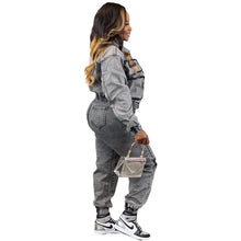 Cargar imagen en el visor de la galería, Conjunto de pantalón y chándal de manga larga para mujer, con cremallera, abrigo vaquero, pantalones cargo hasta el tobillo, bolsillos, corte ajustado, 2024
