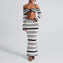 Load image into Gallery viewer, hirigin Knit Stripe Women 2 Piece Set Halter Slash Neck Lace Up Long Sleeve Tops and Maxi Skirts Sexy Mujer Club Midnight Suit