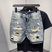 Load image into Gallery viewer, Summer Men's Casual Trendy High Street Hole Patched Denim Shorts Star Printed Knee Length Skinny Jeans Shorts Male Streetwear