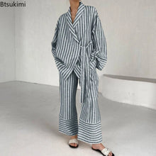 Load image into Gallery viewer, Women's Two-piece Set Autumn New Striped Long-sleeved Loose Lace-up Top High-waisted Trousers Fashion Casual Suit for Women