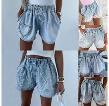 Load image into Gallery viewer, Denim Shorts for Women Streetwear Fashionable and Casual Rhinestone Versatile Y2k Cowboy Half Pants for Female Summer 2024 New