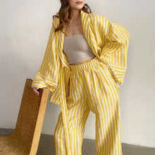 Load image into Gallery viewer, Women's Two-piece Set Autumn New Striped Long-sleeved Loose Lace-up Top High-waisted Trousers Fashion Casual Suit for Women