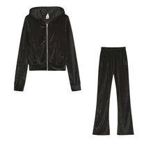 Lade das Bild in den Galerie-Viewer, Fashion Trend Gold Velvet Pocket Hoodie Zipper Sweater Wide Leg Pants Two-piece Women's Suit