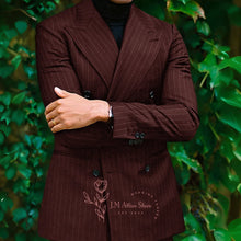 Load image into Gallery viewer, Men Blue Striped Peak Lapel Double Breasted Jacket Pants