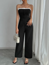 Load image into Gallery viewer, Women Black Strapless White Ruffle Trim Wide Leg Jumpsuit