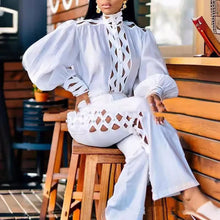 Load image into Gallery viewer, Plus Size Women's Elegant Two-Piece Set Ruffle Shirt White Long Sleeve Solid Blouse And Straight Side Hollow Out Long Pant Sets
