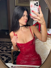 Lade das Bild in den Galerie-Viewer, PU Leather Sexy Ruched Low Neck Sleeveless Dress