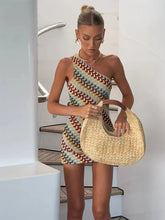Load image into Gallery viewer, Irregular Printed Knitted Mini Dress For Women Chic Backless Slanted Shoulder Slim Fit Dresses Summer Holiday Beach Robes