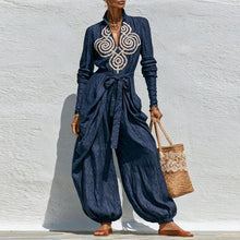 Load image into Gallery viewer, Women Jumpsuit Stand Collar V‑Neck Ethnic Long Sleeve Belted Waist Harem Balloon Pants Jumpsuit