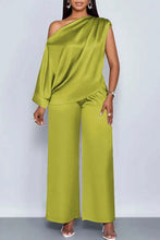 Load image into Gallery viewer, Women Satin Two Piece Set One Shoulder Asymmetrical Single Flared Sleeve Blouse Straight Wide Leg Pants Elegant Matching Set