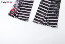 Cargar imagen en el visor de la galería, Conjunto de 2 piezas con estampado estético de gatitos raros para mujer, sexy, transparente, de cuello alto, top corto y pantalones a rayas, elástico, fino, para club.