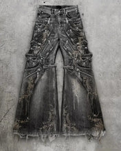 Load image into Gallery viewer, Streetwear Goth Punk Multi-Pocket Cargo Jeans Mens Black Distressed Flared Denim Pants with Straps Zippers Studs Frayed Edges