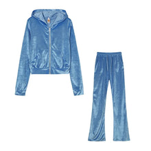 Lade das Bild in den Galerie-Viewer, Fashion Trend Gold Velvet Pocket Hoodie Zipper Sweater Wide Leg Pants Two-piece Women's Suit