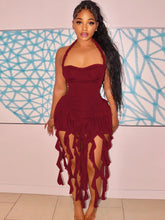 Lade das Bild in den Galerie-Viewer, Hugcitar Elegant Halter Solid Ruffles Backless Taseel Mini Dress