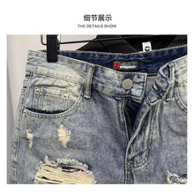 Load image into Gallery viewer, Summer Men's Casual Trendy High Street Hole Patched Denim Shorts Star Printed Knee Length Skinny Jeans Shorts Male Streetwear