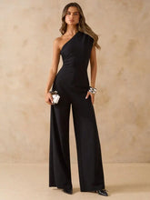 Load image into Gallery viewer, Slim Fit Stylish Slanted Shoulder Single Sleeve Waist Cinched Wide Leg Fashionable Jumpsuit