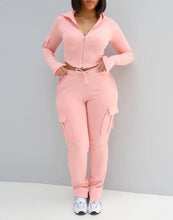 Lade das Bild in den Galerie-Viewer, Zipper Design with Exposed Navel Hooded Sweatshirt and Drawstring V-Shaped Waistline Work Pants, Sports Pants Long Pants Set