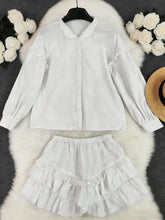 Load image into Gallery viewer, Shorts Pant Set Women Two Piece Turn Down Collar Full Sleeve Solid Tops Wide Leg Short Set