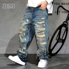 Load image into Gallery viewer, Mens Ripped Baggy Distressed Denim Straight Leg Patchwork Oversized Jeans