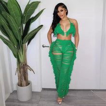 Load image into Gallery viewer, Sexy Two Piece Pant Sets Women Hollow Out Trousers Matching Sets Strapless Tassels Hole Pencil Pants Suits High Street Summer