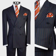 Load image into Gallery viewer, Men's Navy Blue 2 Piece Striped Double Breasted Suit