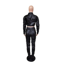 Lade das Bild in den Galerie-Viewer, Sexy PU Faux Leather Two Piece Set for Women Birthday Night Club Outfits Crop Top and Slit Stacked Pants Matching Sets Undefined