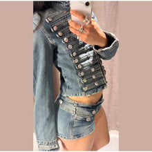 Load image into Gallery viewer, Y2K Style Denim Jacket Shorts Set Women's Stand Collar Button Long Sleeve Coats Low Waist Mini Short 2026 Summer New Lady Outfit