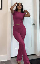 Lade das Bild in den Galerie-Viewer, Casual Workout Short Sleeve Crop High Waist Foldover Flare Pants Sets