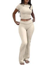 Lade das Bild in den Galerie-Viewer, Casual Workout Short Sleeve Crop High Waist Foldover Flare Pants Sets