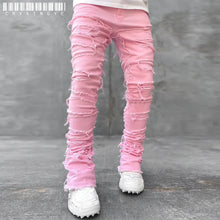 Cargar imagen en el visor de la galería, Pantalones vaqueros elásticos de moda para hombre, con parches Y2K, decoración creativa con borlas, rectos, estilo hip hop