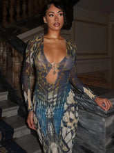 Lade das Bild in den Galerie-Viewer, Weird Puss Sexy See Through Butterfly Print Metal Ring Hollow Full Sleeve Dress