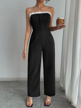 Load image into Gallery viewer, Women Black Strapless White Ruffle Trim Wide Leg Jumpsuit