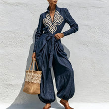 Load image into Gallery viewer, Women Jumpsuit Stand Collar V‑Neck Ethnic Long Sleeve Belted Waist Harem Balloon Pants Jumpsuit