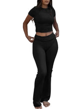 Lade das Bild in den Galerie-Viewer, Casual Workout Short Sleeve Crop High Waist Foldover Flare Pants Sets
