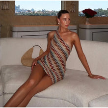 Load image into Gallery viewer, Irregular Printed Knitted Mini Dress For Women Chic Backless Slanted Shoulder Slim Fit Dresses Summer Holiday Beach Robes