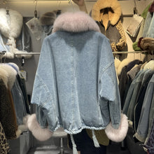 Charger l'image dans la galerie, Fox Fur Denim Fleece-Lined and Batwing Sleeve Cotton Coat