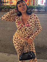 Lade das Bild in den Galerie-Viewer, Weird Puss Leopard Contrast Letter Print 2 Piece Set Women Hooded Full Sleeve Crop Jacket+Skinny Stretch Flare Pants Trend Suits