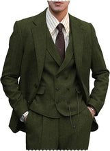 Load image into Gallery viewer, Men's Regular Fit 3 Piece Notch Lapel Double Breasted Tweed Herringbone Blazer Vest Suit